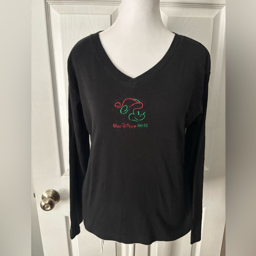Walt Disney World Mickey Mouse Christmas Black Long Sleeve T-Shirt Women’s Med